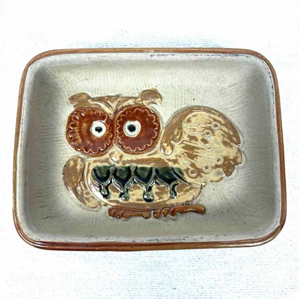 Ceramic Rectangular Decorative TRinket Dish/Tray Owl Beige Brown Green Black